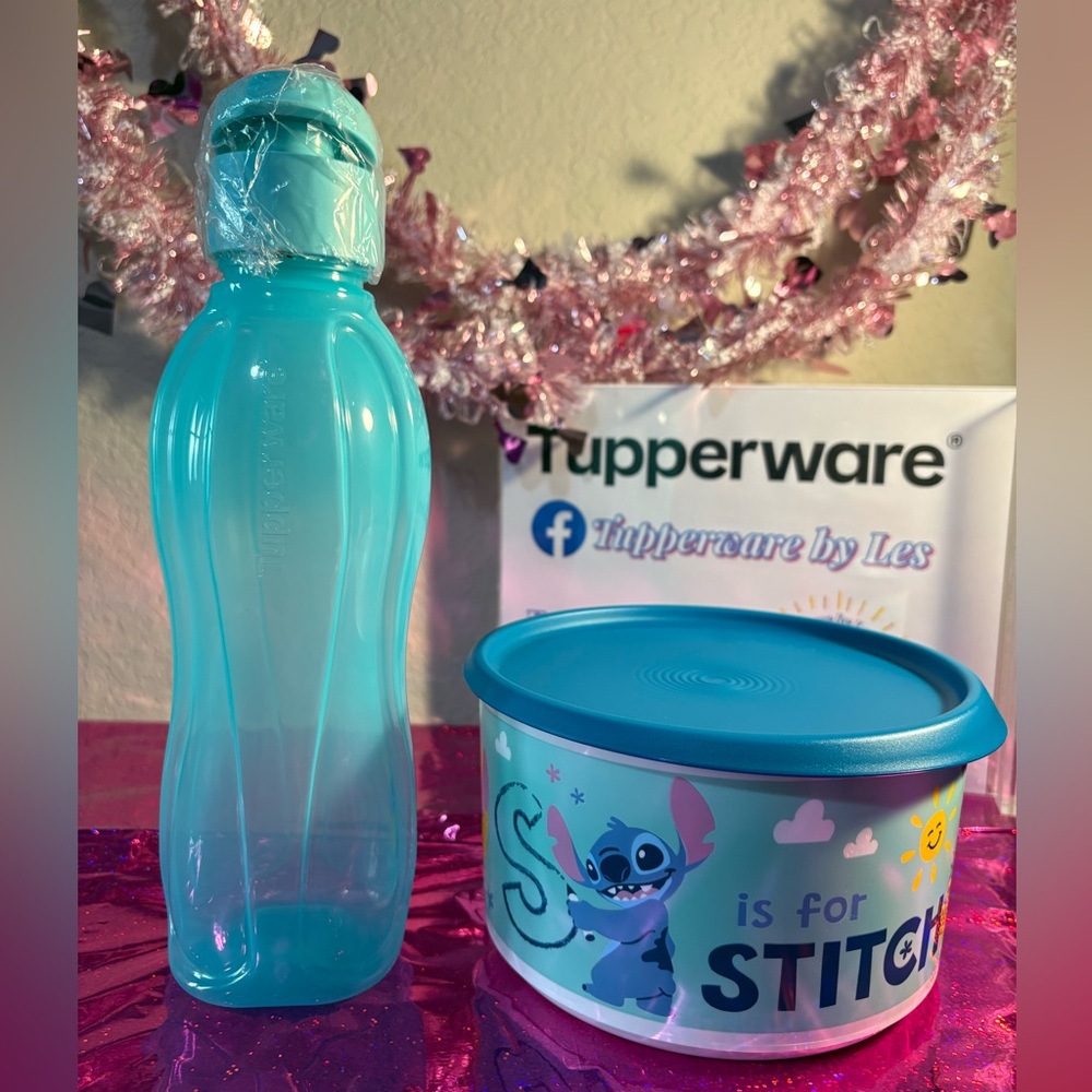 Tupperware Aqua Bottle and Stitch Container Set